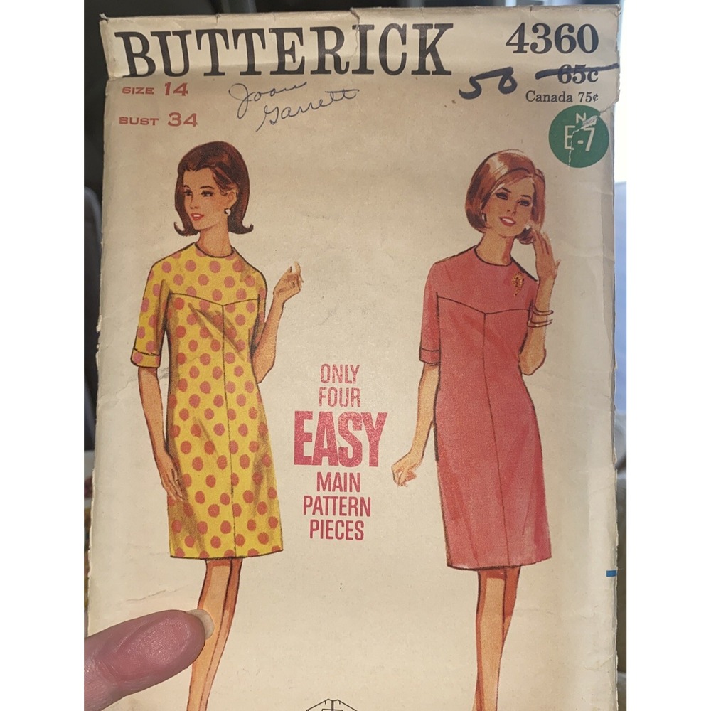 Vintage Butterick 4360 Misses Dress Sewing Pattern Sz 14 Bust 34 1960s Cut